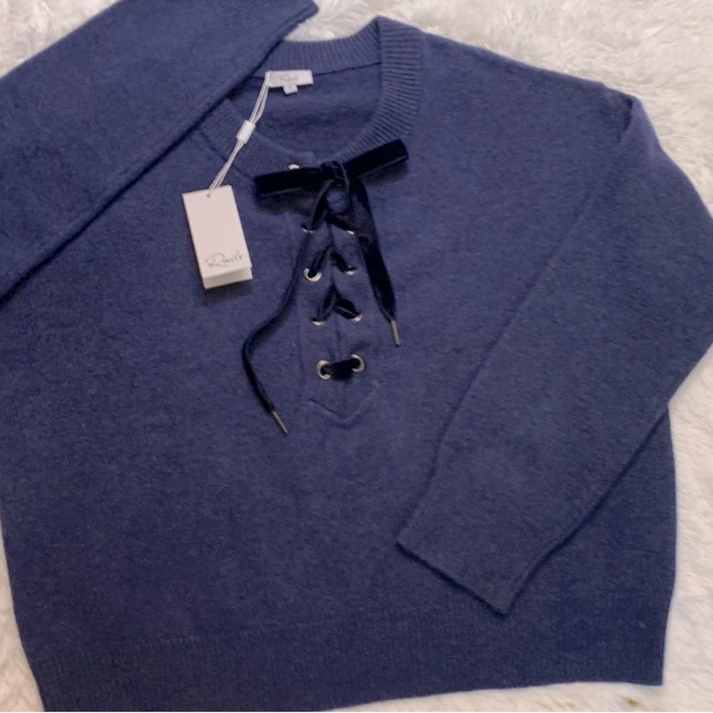 RAILS Olivia cashmere/wool blend velvet lace up indigo melangeblue sweater NWT
